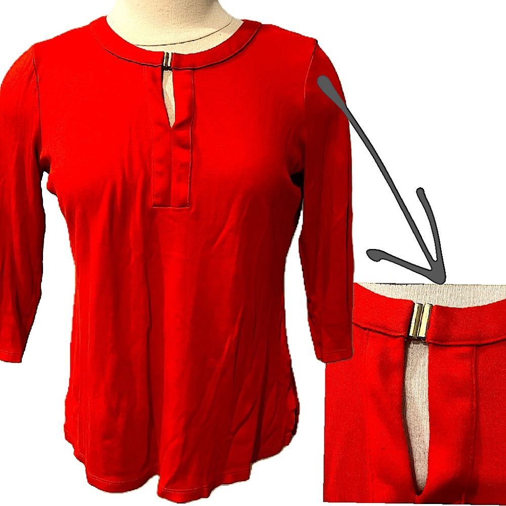 Talbots Red 3/4 Sleeve Split Neck with Clasp Knit Blouse Size Small